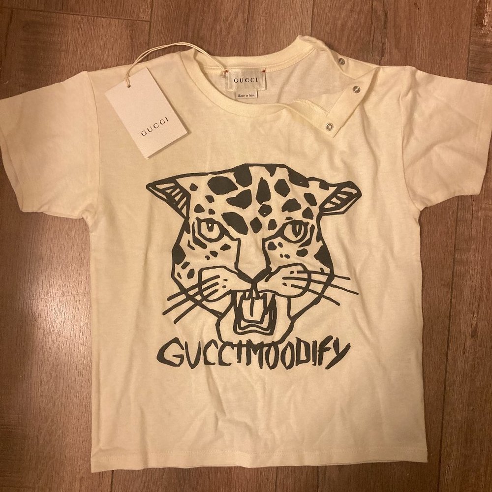 Gucci Baby Boys Ivory Cotton Leopard Moodify Print T-Shirt, Size: 24 months